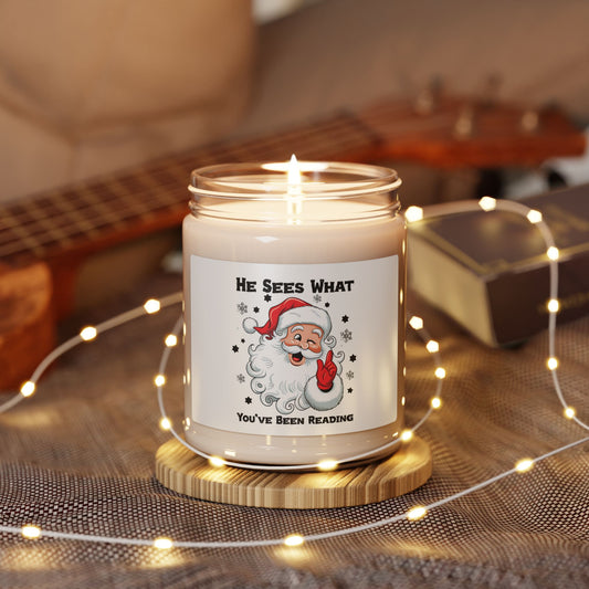 Christmas Santa Candle — "He Sees What You’ve Been Reading" Scented Soy Jar (9 oz)