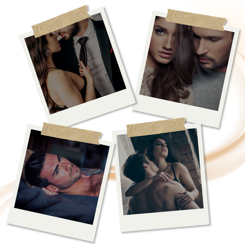 Four Polaroid-style photos of a couple in various poses.